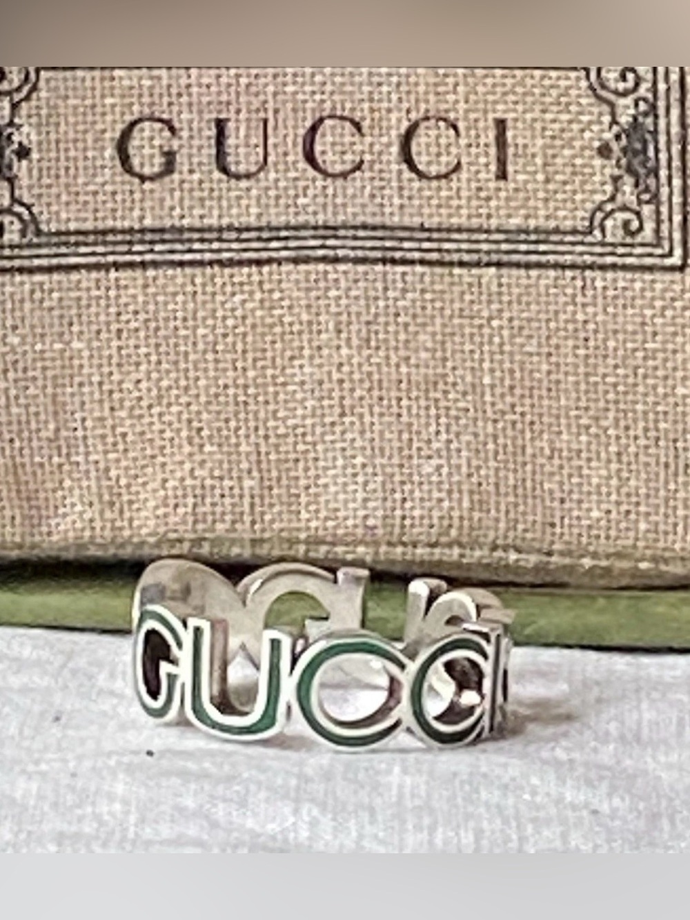Gucci Interlocking Sterling Silver Green Enamel 9mm Ring It Sz 19 US 8.75  $360 - Picture 3 of 13
